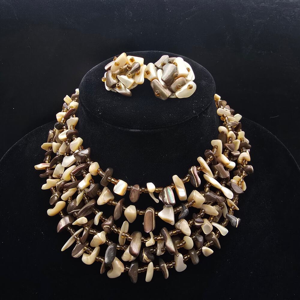 Brown Cream Shell Layered Beaded Necklace Vintage Japan Jewelry